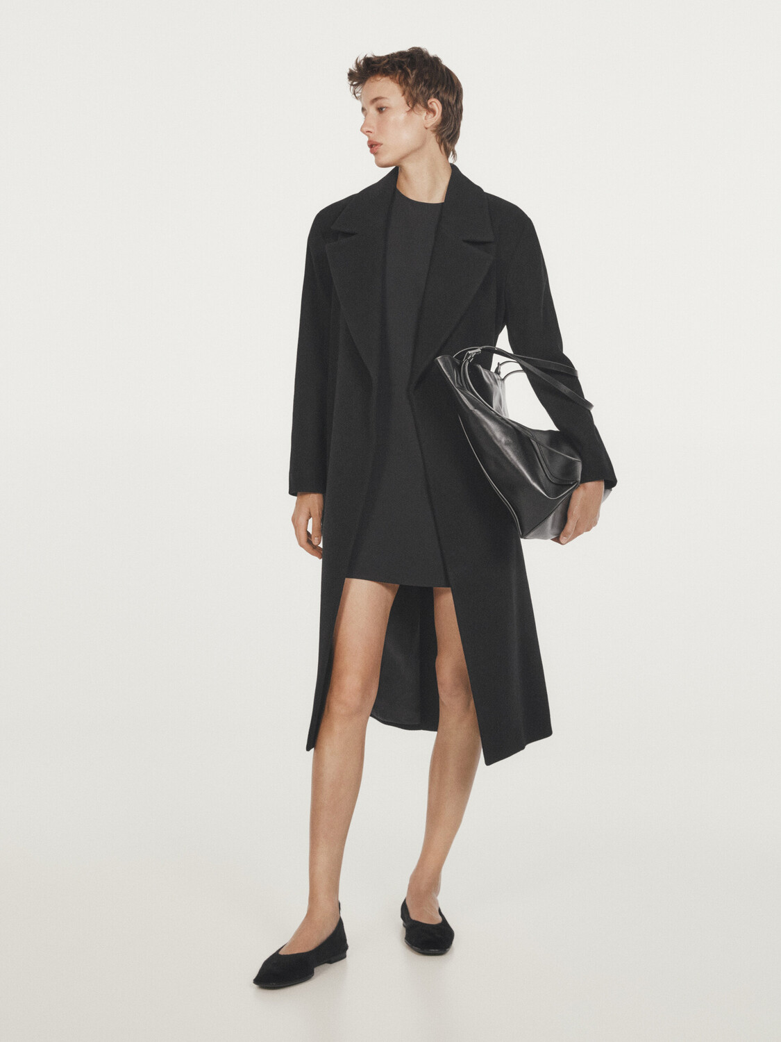 

Халат пальто с полушерстяным поясом Massimo Dutti, черный