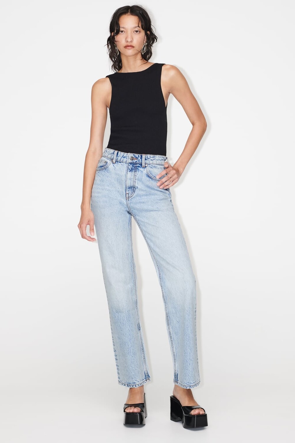 Прямые джинсы с высокой посадкой ZARA, синий
