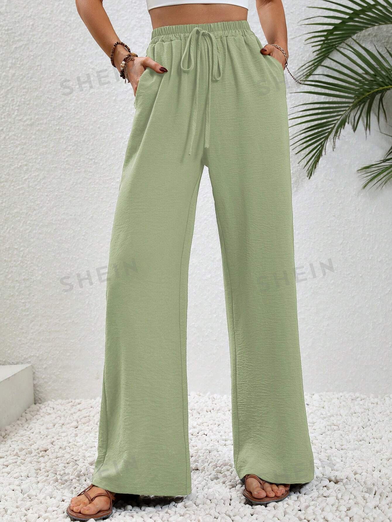 SHEIN LUNE женские однотонные длинные брюки с завышенной талией и завязками на талии и карманами, мятно-зеленый