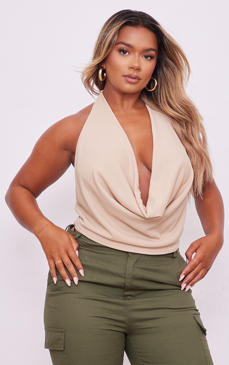 

PrettyLittleThing Удлиненный топ Shape Sand Rib Extreme с воротником халтер