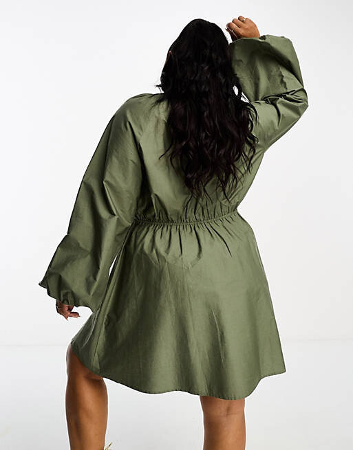 

Оливково-зеленое платье мини из хлопкового поплина со сборками на груди ASOS DESIGN Curve