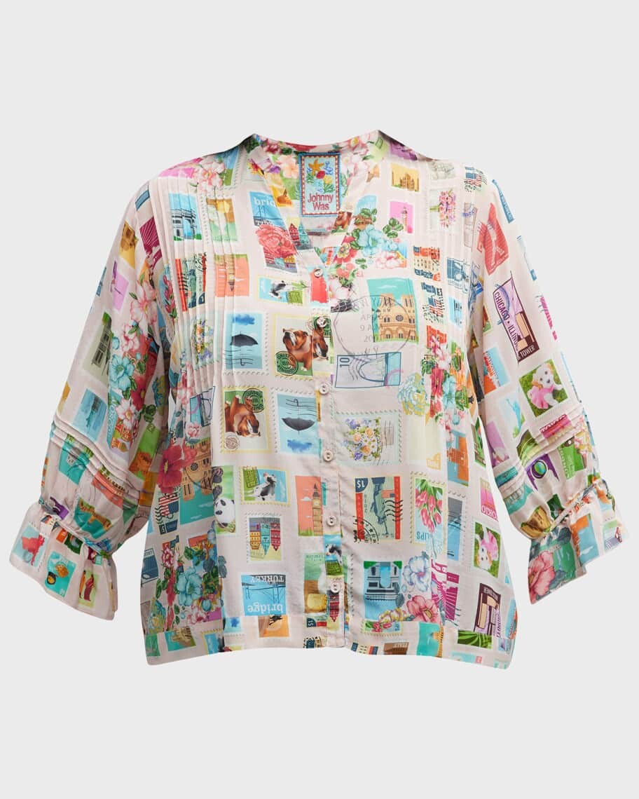 

Шелковая блузка больших размеров Sekai Vacanza с принтом Stamp Johnny Was