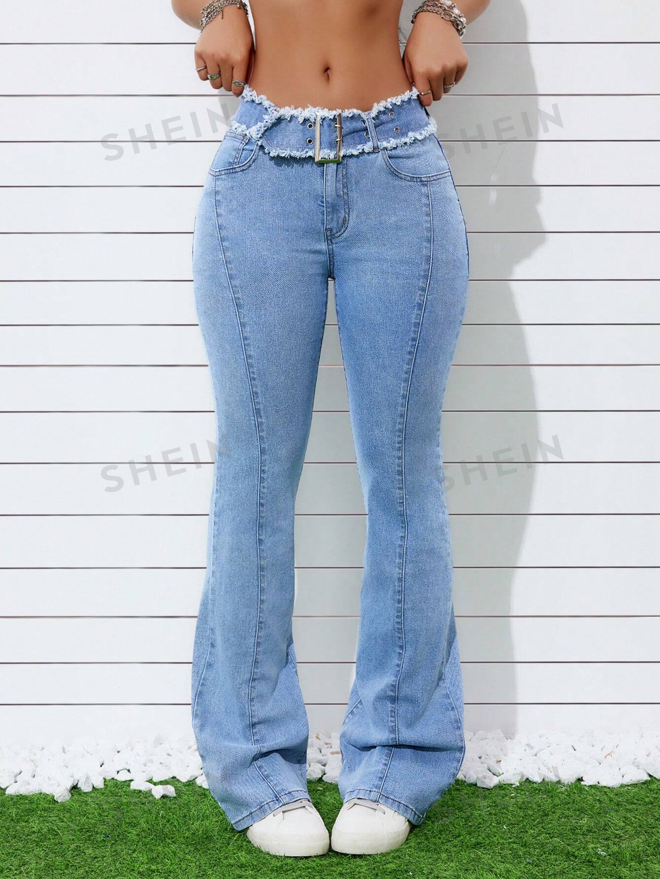 SHEIN ICON Расклешенные джинсы в стиле ретро с широким поясом, легкая стирка цена и фото