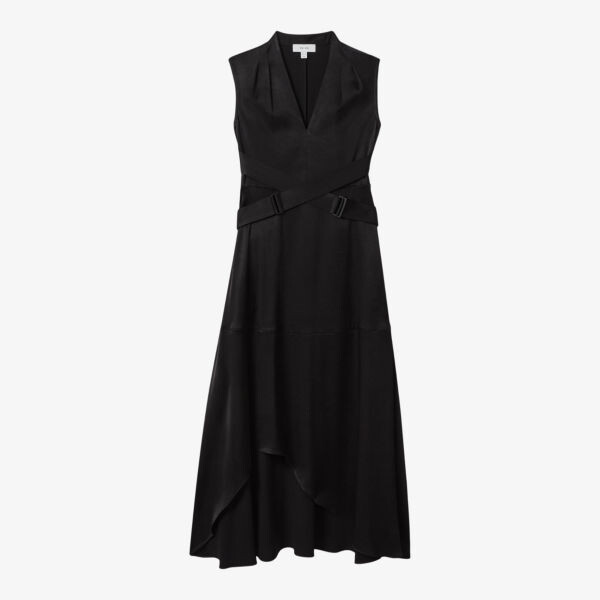 

Тканое платье миди raya с перекрестным поясом Reiss, черный