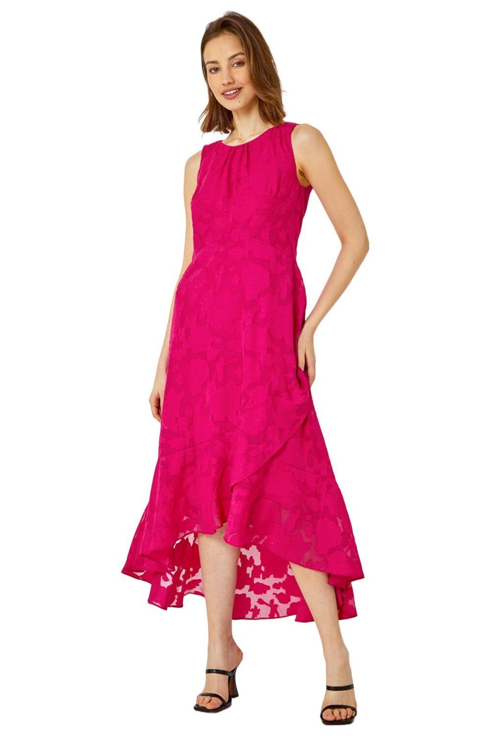 Жаккардовое платье миди без рукавов с глубоким подолом Roman, розовый женское жаккардовое платье без рукавов элегантное праздничное белое облегающее платье с квадратным вырезом бантом на бретелях и высокой