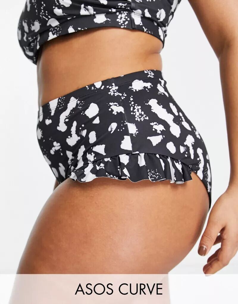 

Черно-белые плавки бикини с завышенной талией и оборками ASOS DESIGN Curve