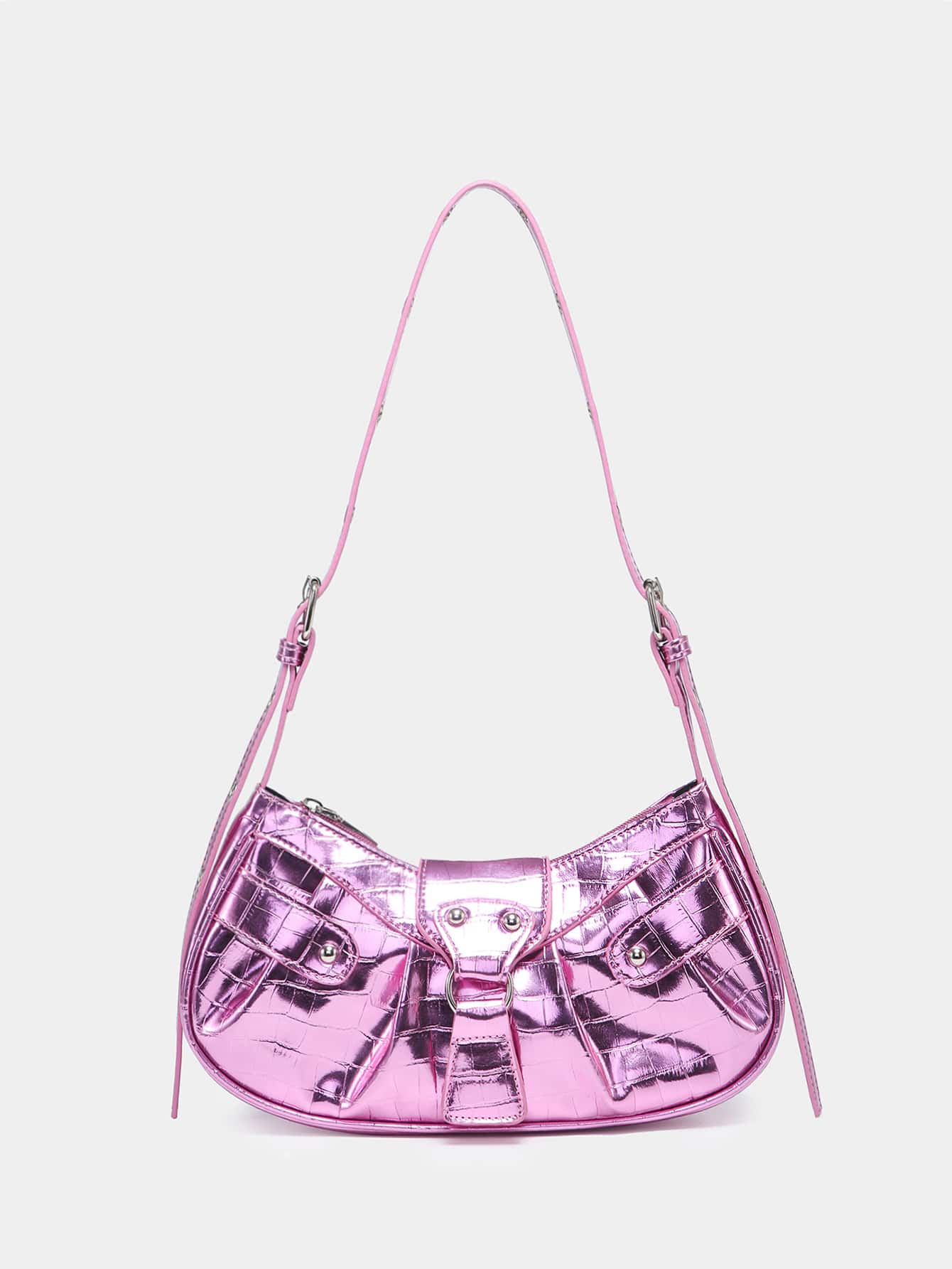 Легкая деловая повседневная сумка с рюшами и тиснением под крокодила с заклепками для девочек-подростков, розовый