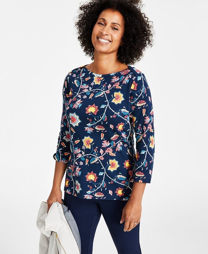 

Женский хлопковый топ Pima с вырезом лодочкой и рукавами 3/4 Style & Co, цвет Navy Floral