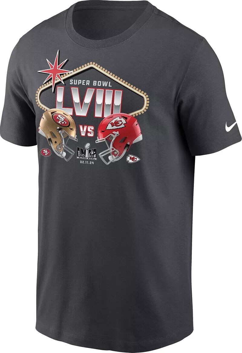 

Мужская команда Nike Super Bowl LVIII 2024, связанная с командой San Francisco 49ers vs. Футболка с дуэльными шлемами Канзас-Сити Чифс