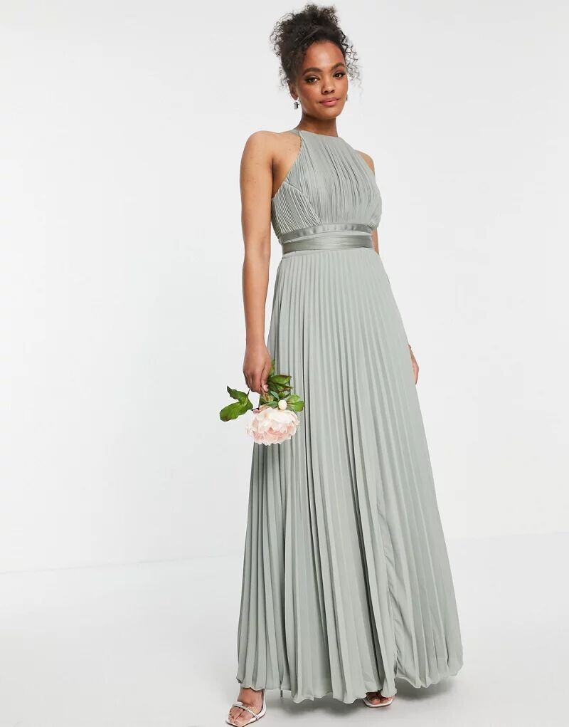 

Плиссированное платье макси с атласной запахом на талии ASOS Bridesmaid, Серый