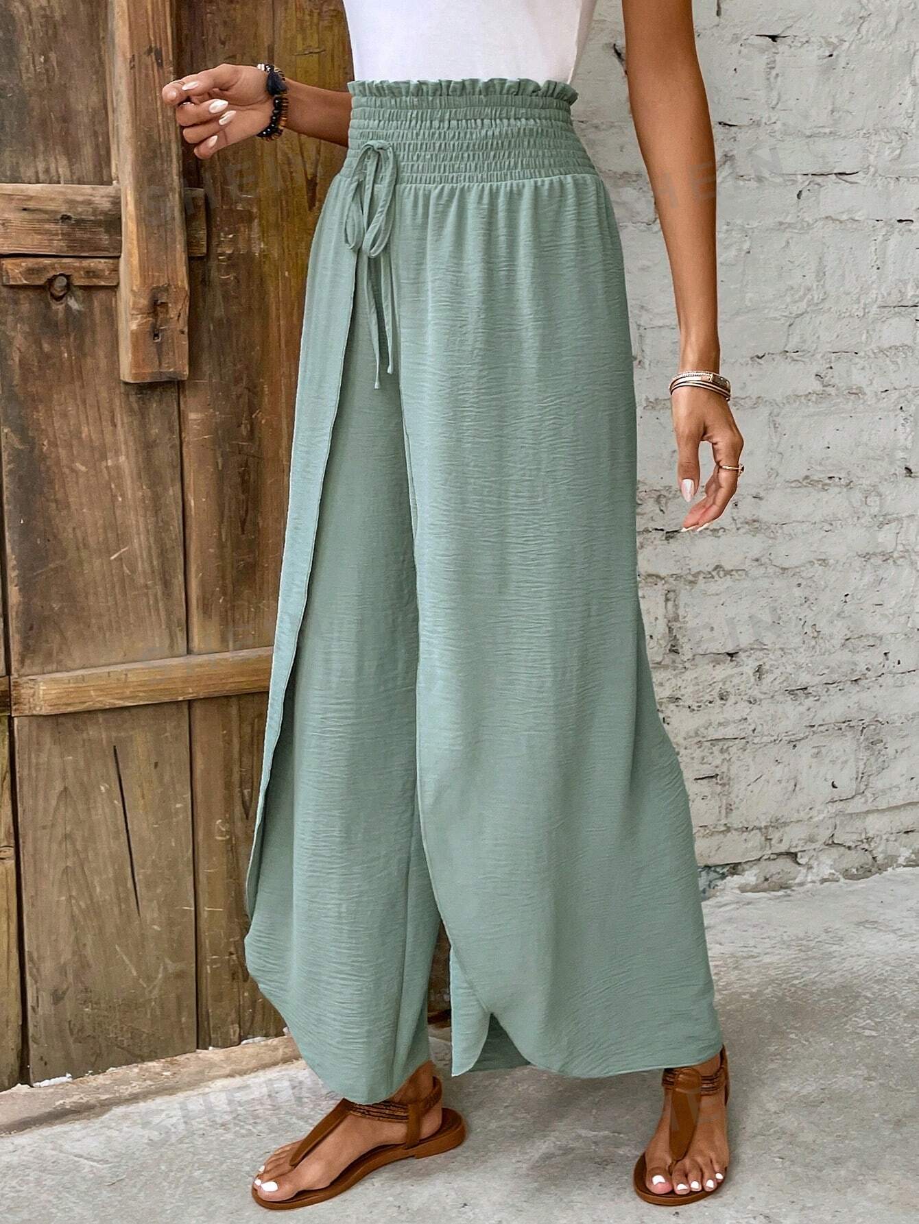SHEIN Frenchy женские широкие брюки с завышенной талией и складками, зеленый джинсы женские прямые с завышенной талией мешковатые брюки из денима с принтом в стиле пэчворк модные брюки с широкими штанинами в корейск