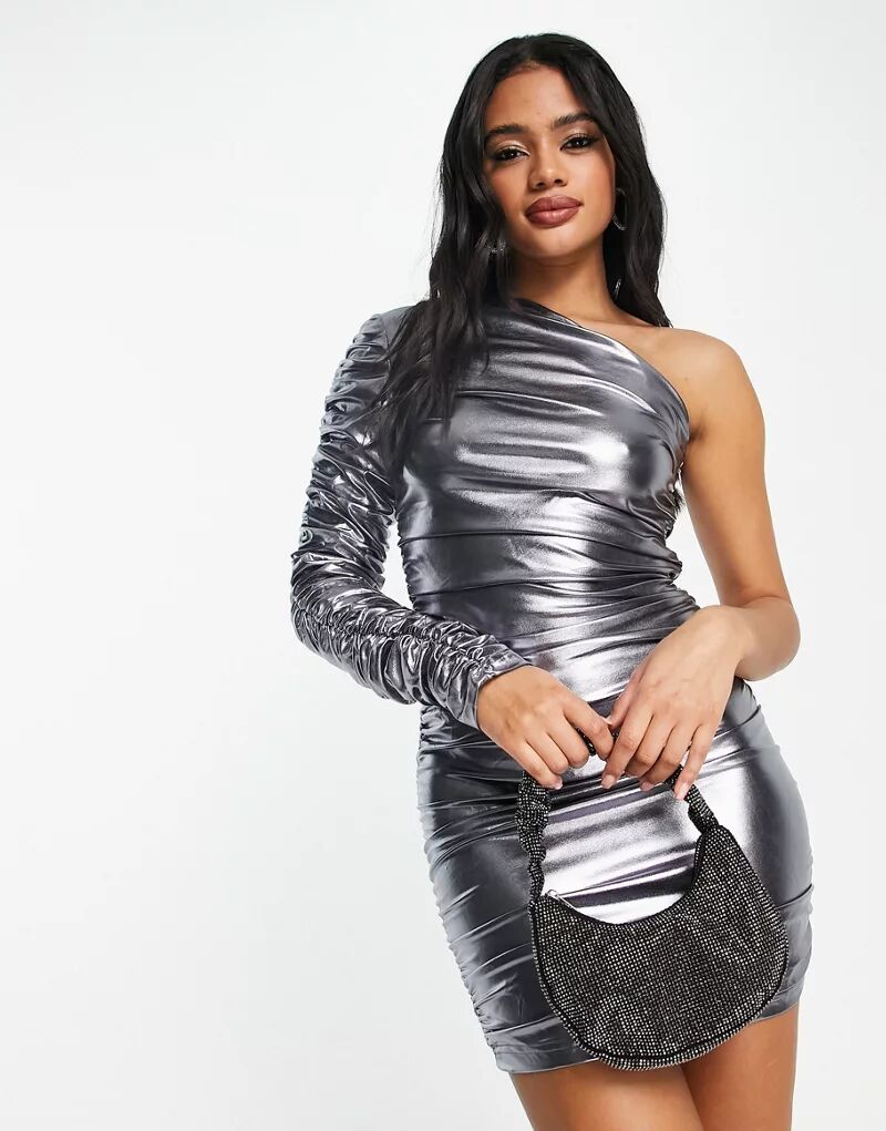 Missy Empire – мини-платье цвета серебряной фольги с бретелями на одно плечо Missyempire