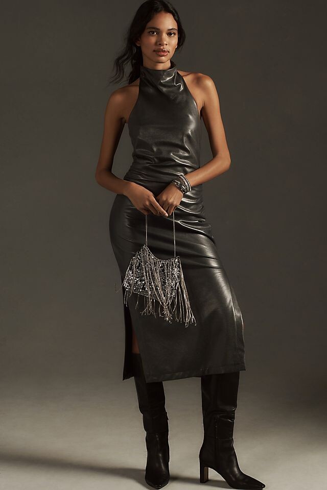 

Платье-миди узкое Anthropologie Halter со сборками, серебряный