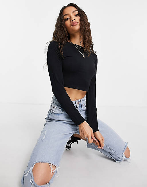 

Черная укороченная футболка с длинными рукавами ASOS DESIGN Petite, Черный