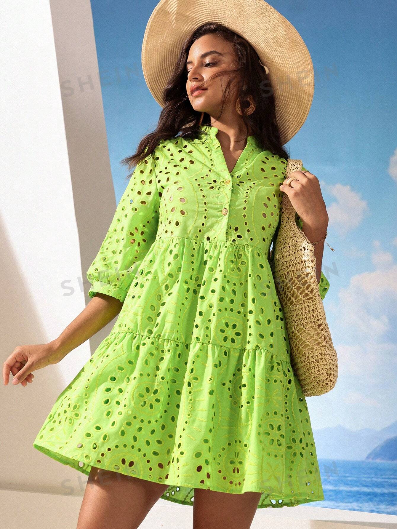 цена SHEIN VCAY Однотонное свободное платье Schiffy с вырезом в горловине, оливково-зеленый