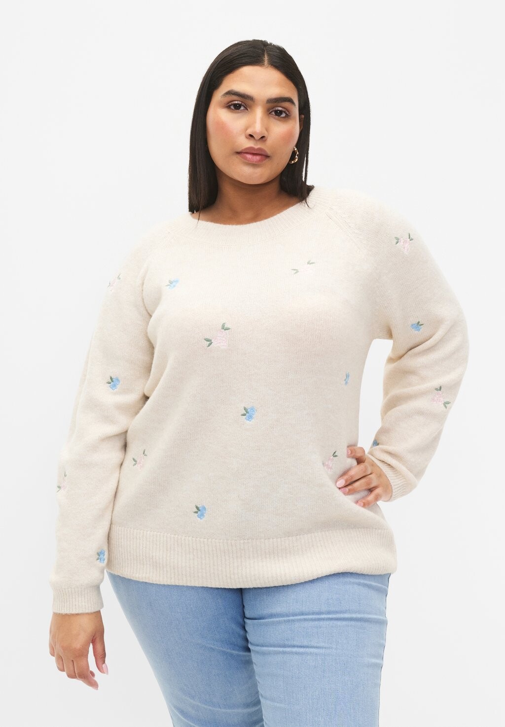 

Свитер Strickpullover Mit Gestickten Blumen Zizzi, цвет birch comb