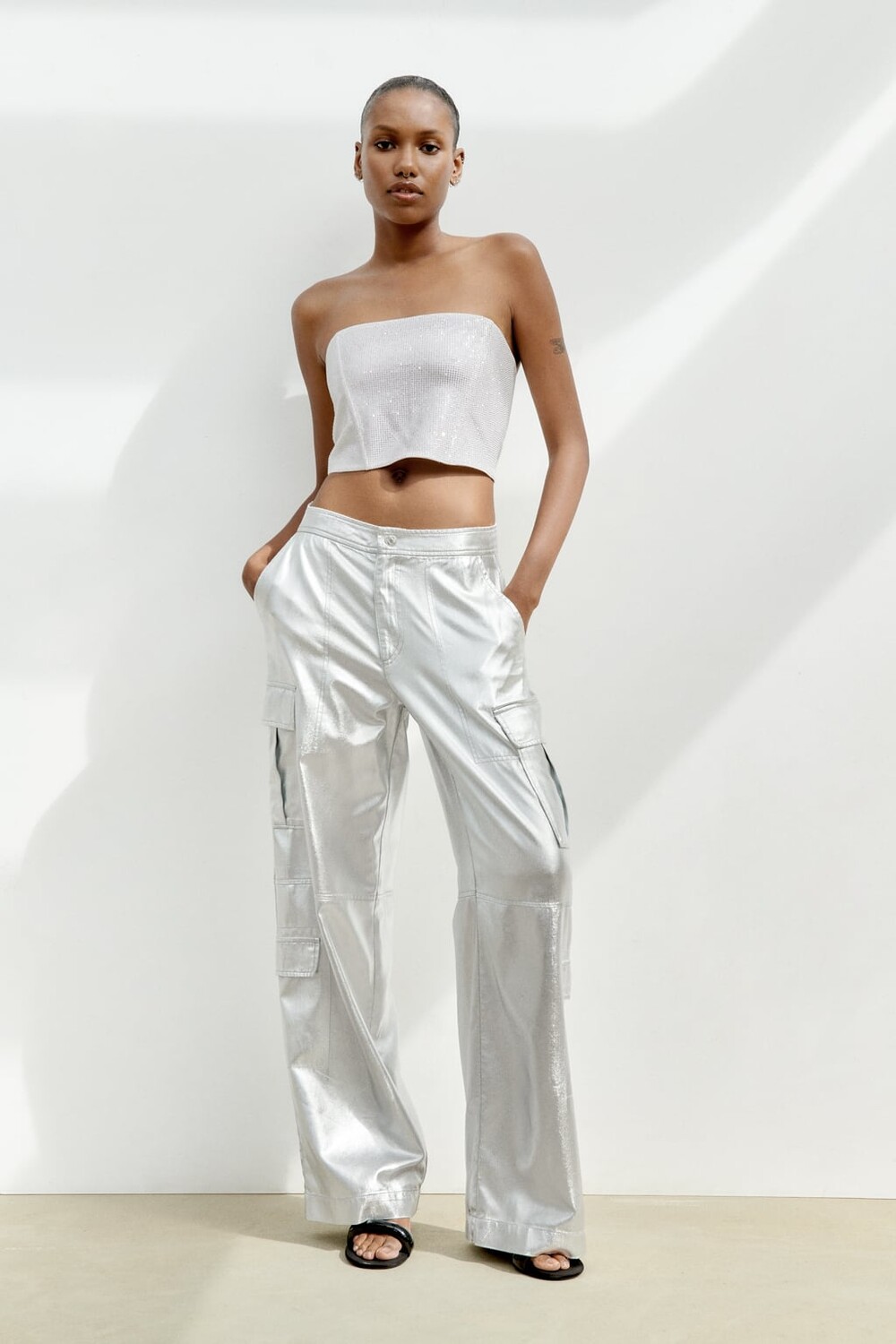 

Брюки cargo trf ZARA, серебряный, Серый