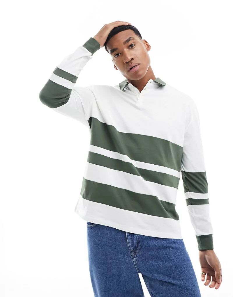 Бело-зеленая рубашка-поло для регби с длинными рукавами и вставками ASOS