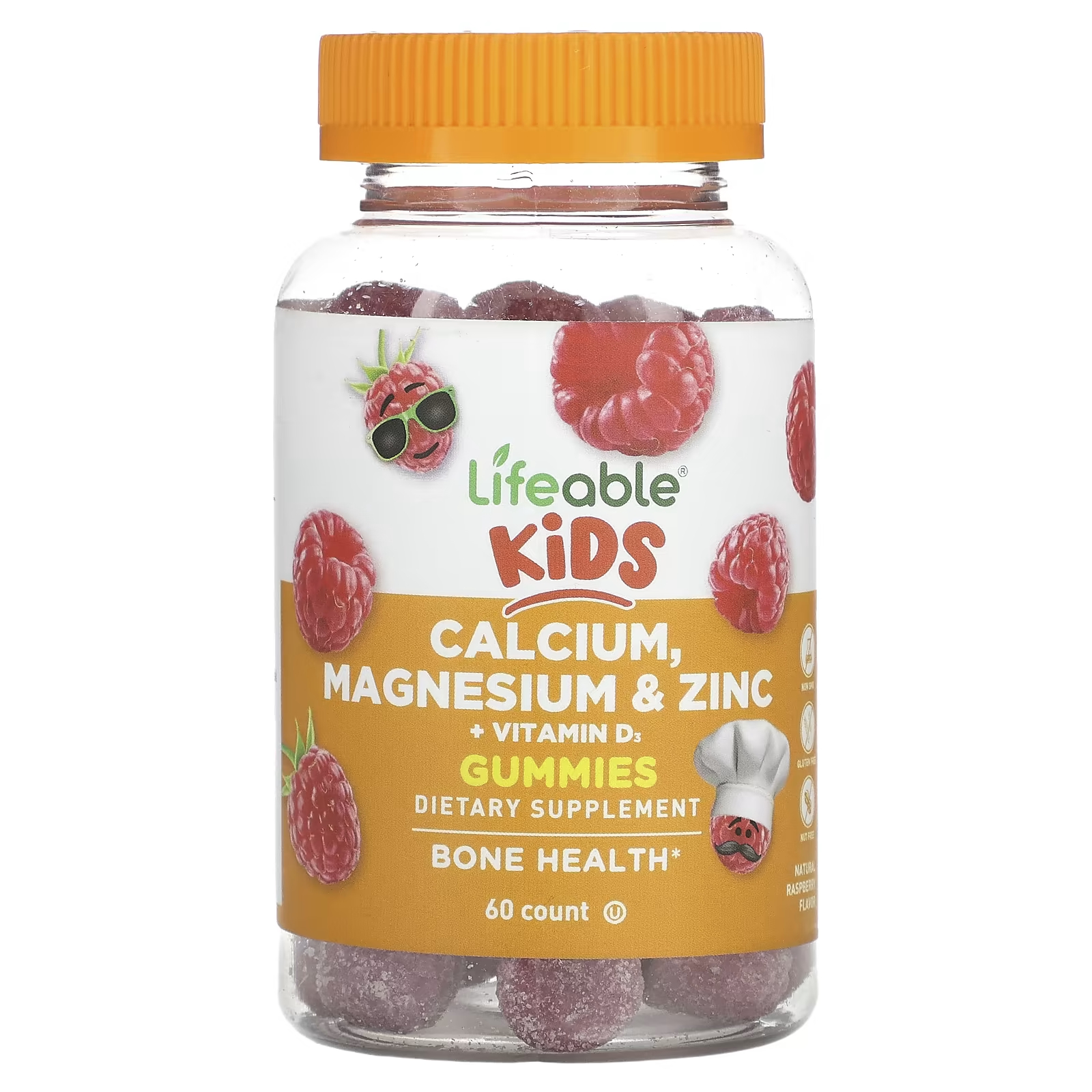 Пищевая добавка Lifeable Kids с кальцием, магнием, цинком и витамином D3, натуральная малина, 60 жевательных конфет