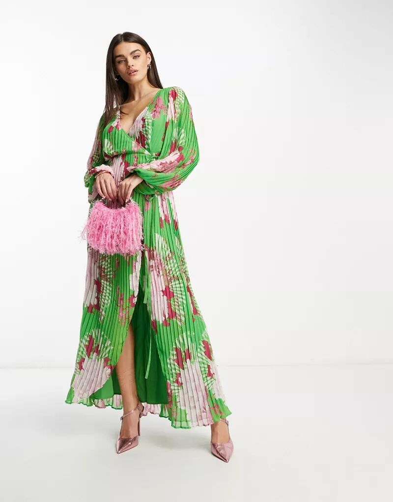 Зеленое платье макси с цветочным принтом, запахом и объемными рукавами ASOS