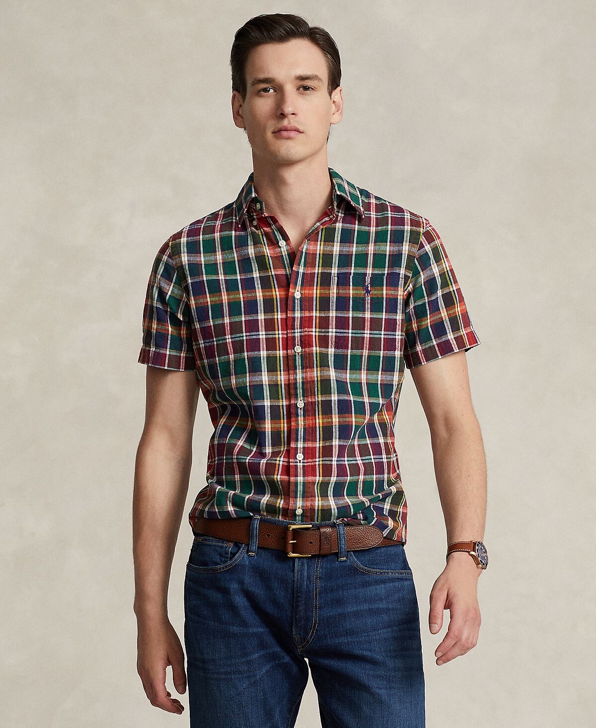 

Мужская рубашка классического кроя из льна и хлопка в клетку Polo Ralph Lauren