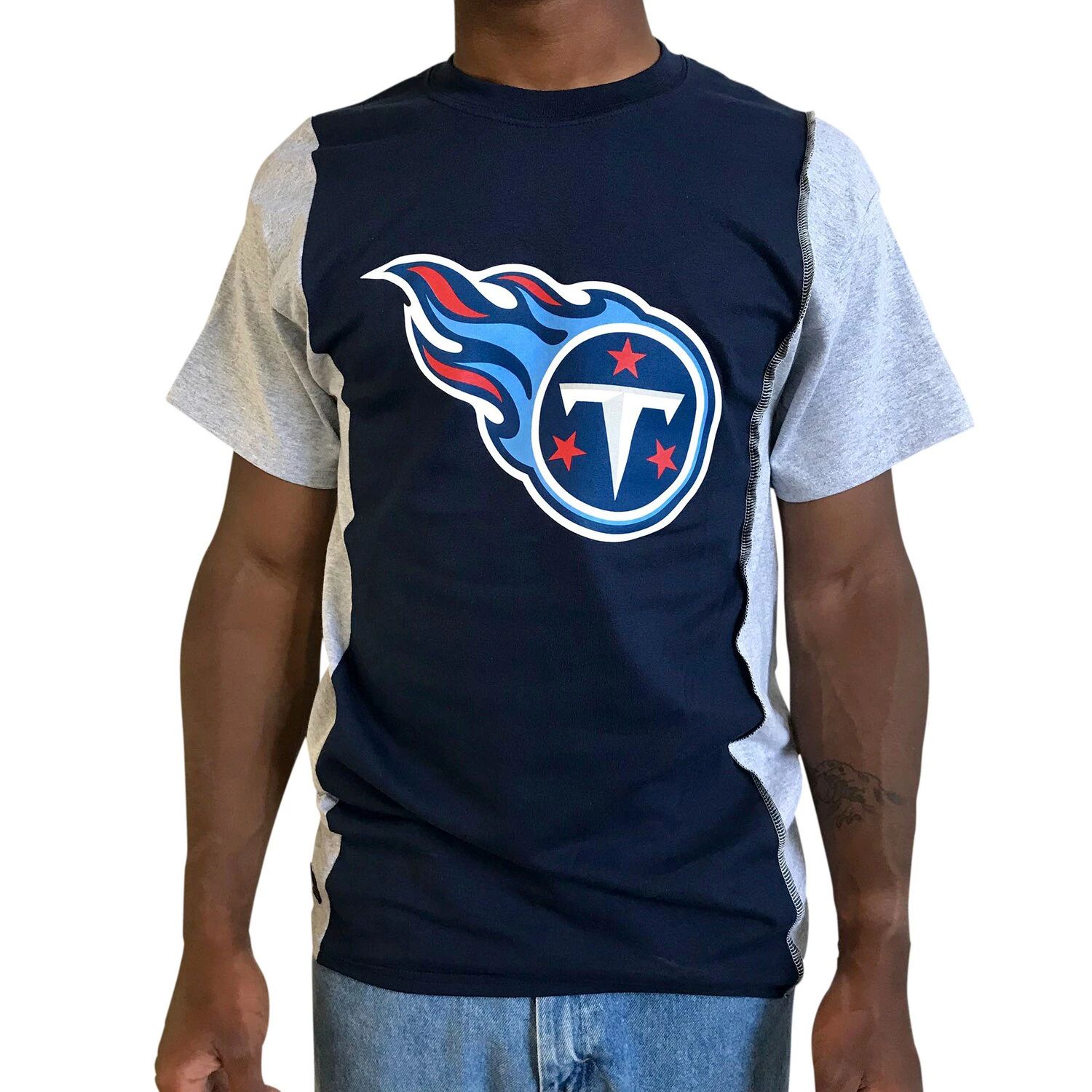 цена Мужская футболка из переработанного материала Tennessee Titans с разрезом, темно-синяя/серая, из переработанного сырья