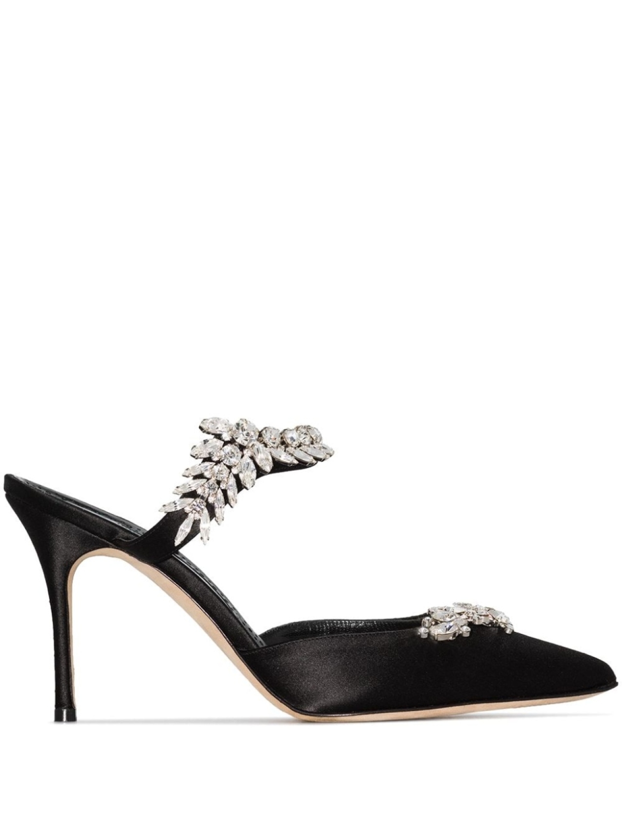 

Manolo Blahnik Lurum 90mm crystal- embellished satin mules, черный