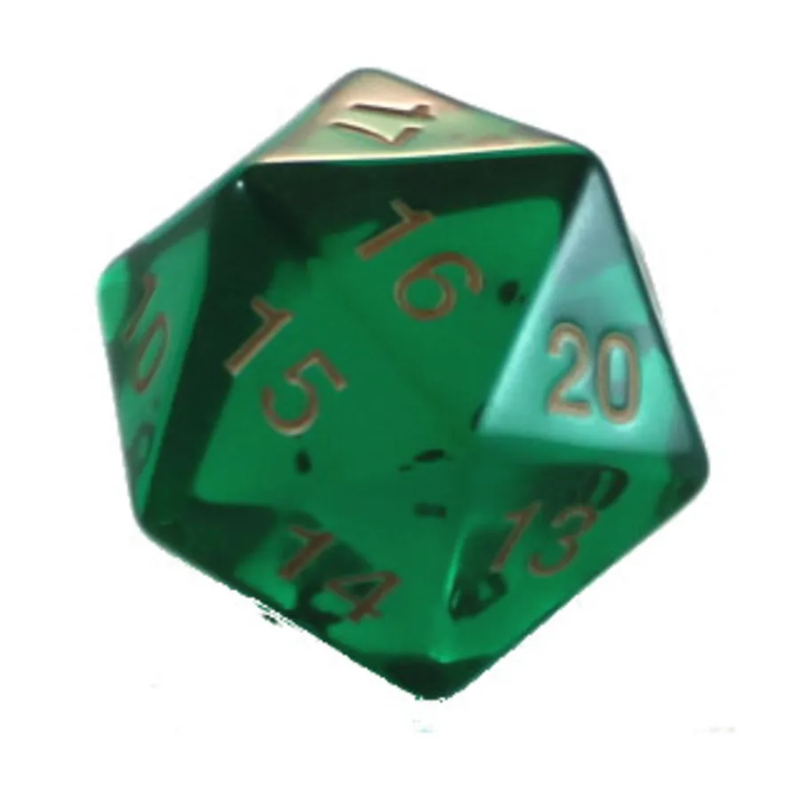 

d20 55 мм Изумрудный с золотом (вращение вниз), Dice - Transparent (Koplow)