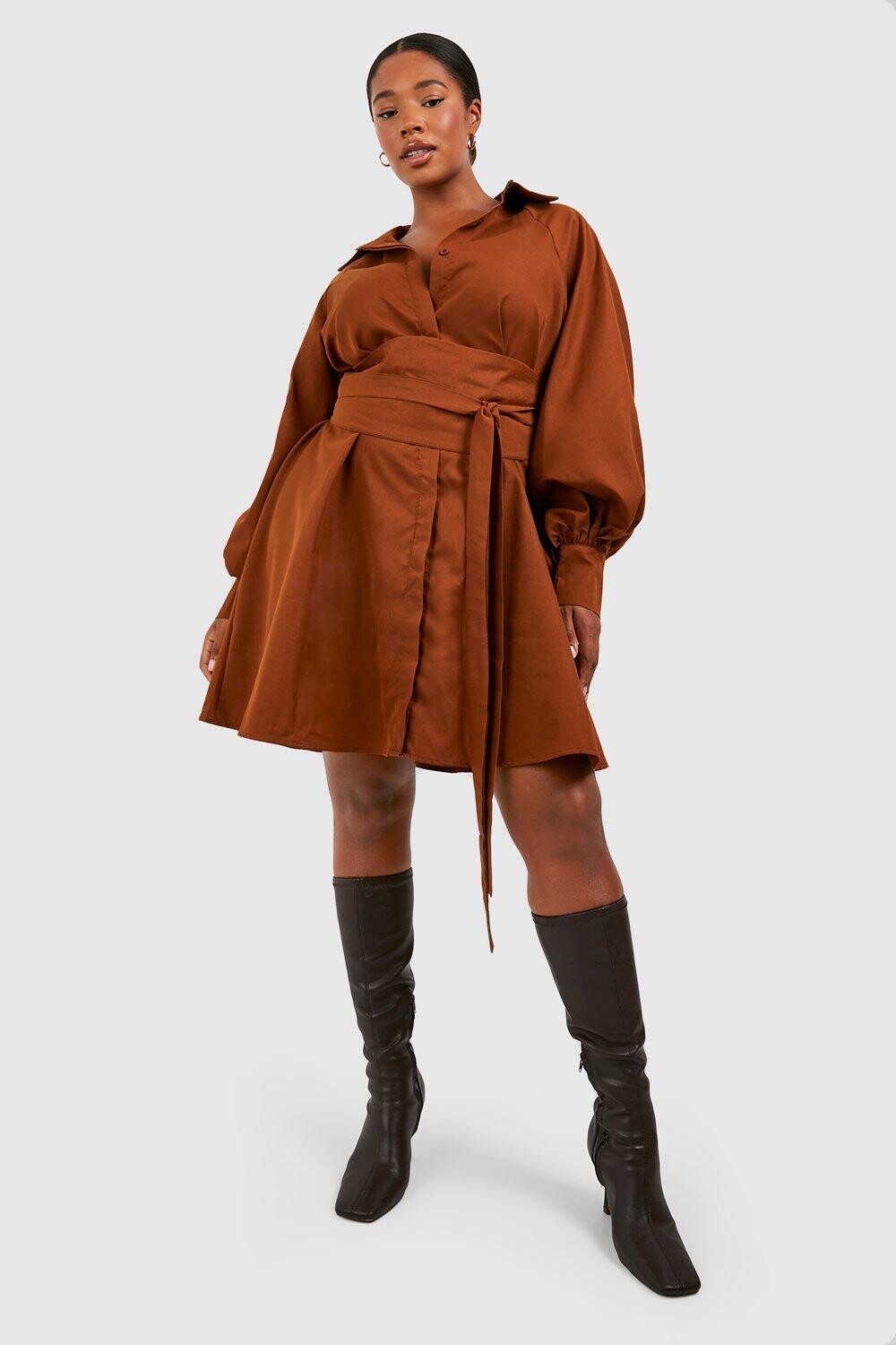 

Платье-рубашка с корсетом и завязками из поплина Plus boohoo, коричневый