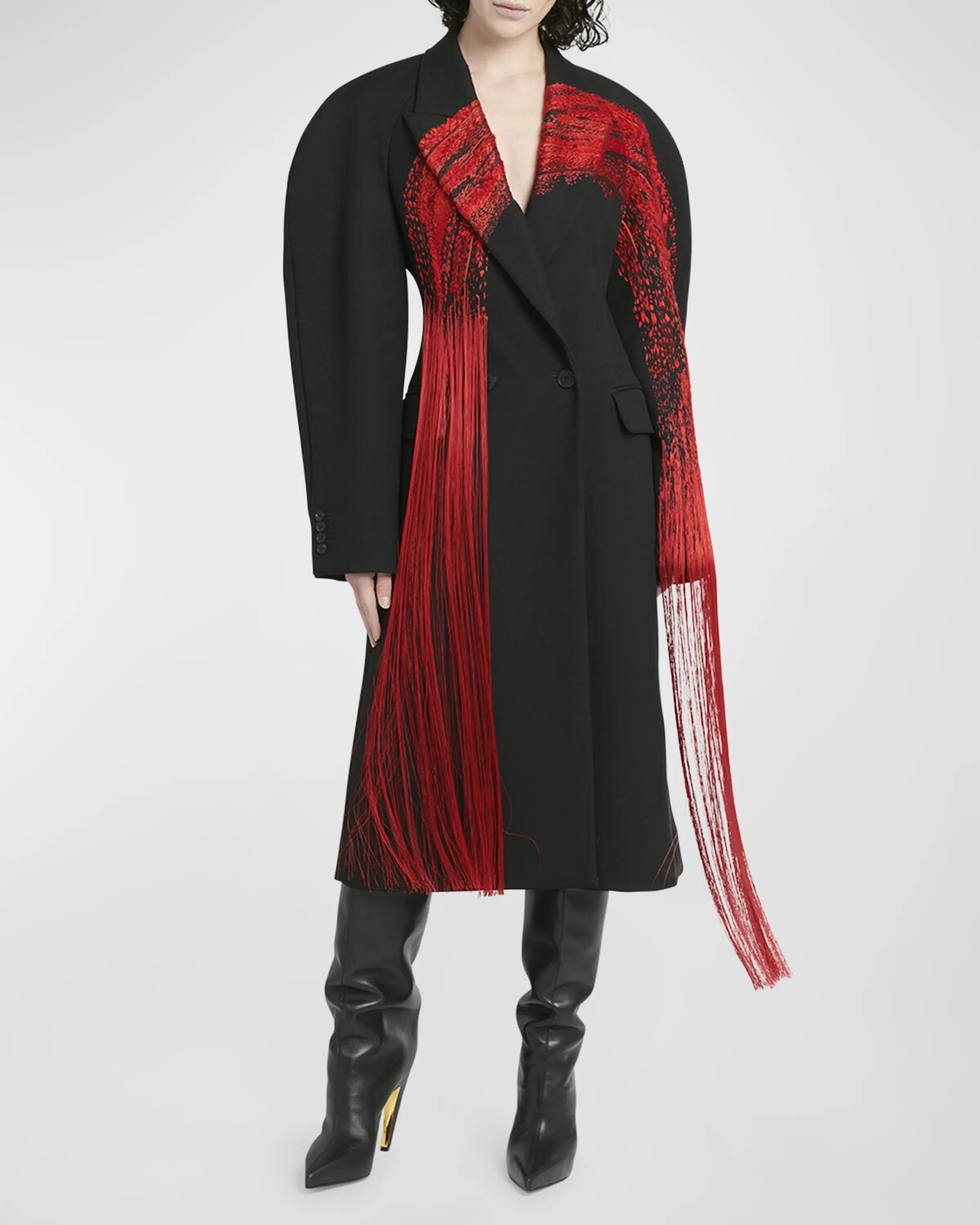 

Двубортное длинное пальто с вышивкой кистью и бахромой Alexander McQueen, цвет Black