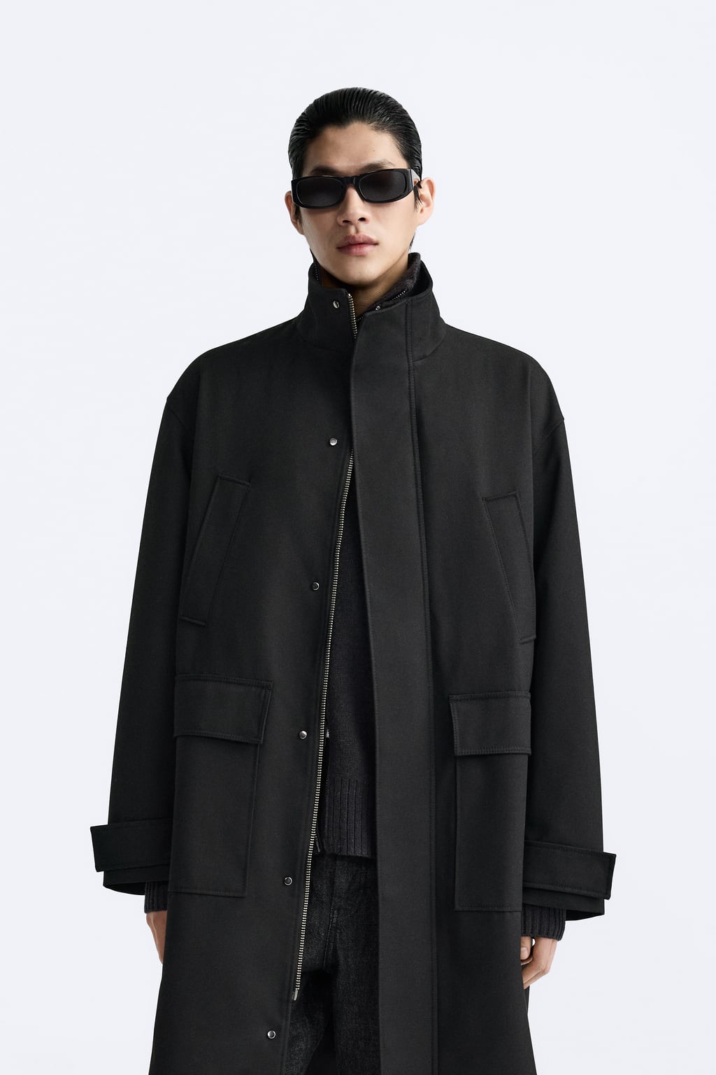 Фактурное пальто с карманами ZARA, черный
