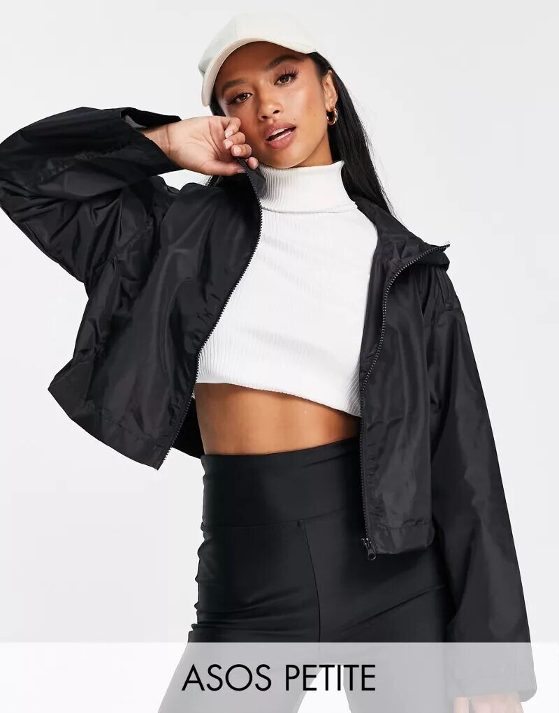 

Черная укороченная куртка-дождевик с капюшоном ASOS DESIGN Petite