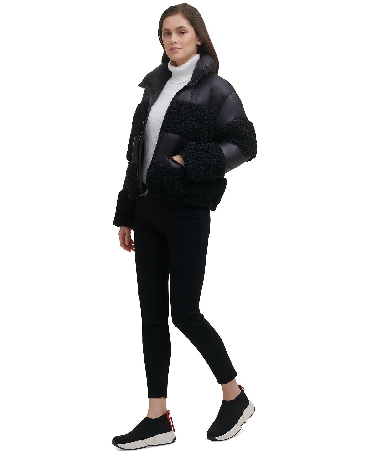 

Женская куртка-пуховик из шерпа с молнией спереди DKNY, черный
