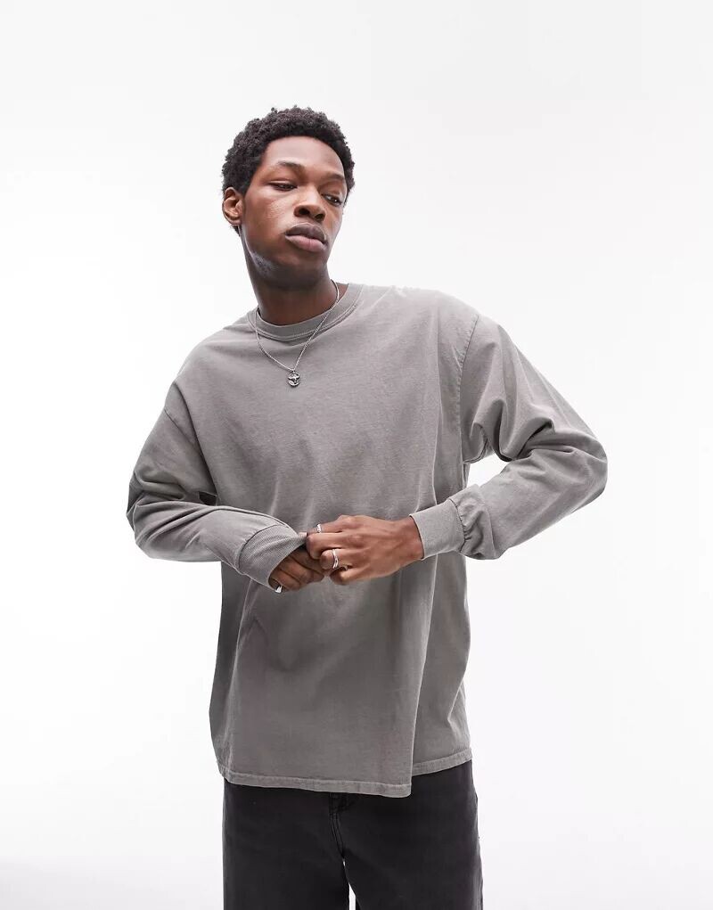 

Объемная футболка с длинными рукавами Topman в винтажном цвете хаки