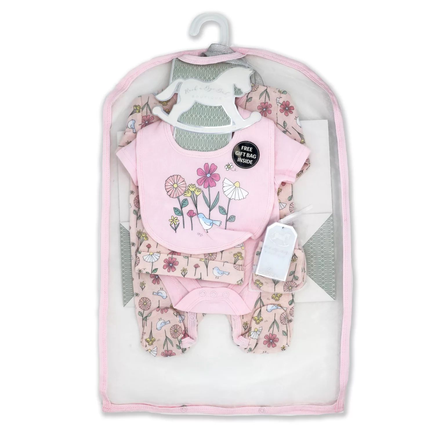 bye bye paris mother baby care bag hi̇gh quality warranty period month 12 Подарочный набор из 5 предметов с цветочным принтом для маленьких девочек в сетчатой ​​сумке Rock A Bye Baby Boutique