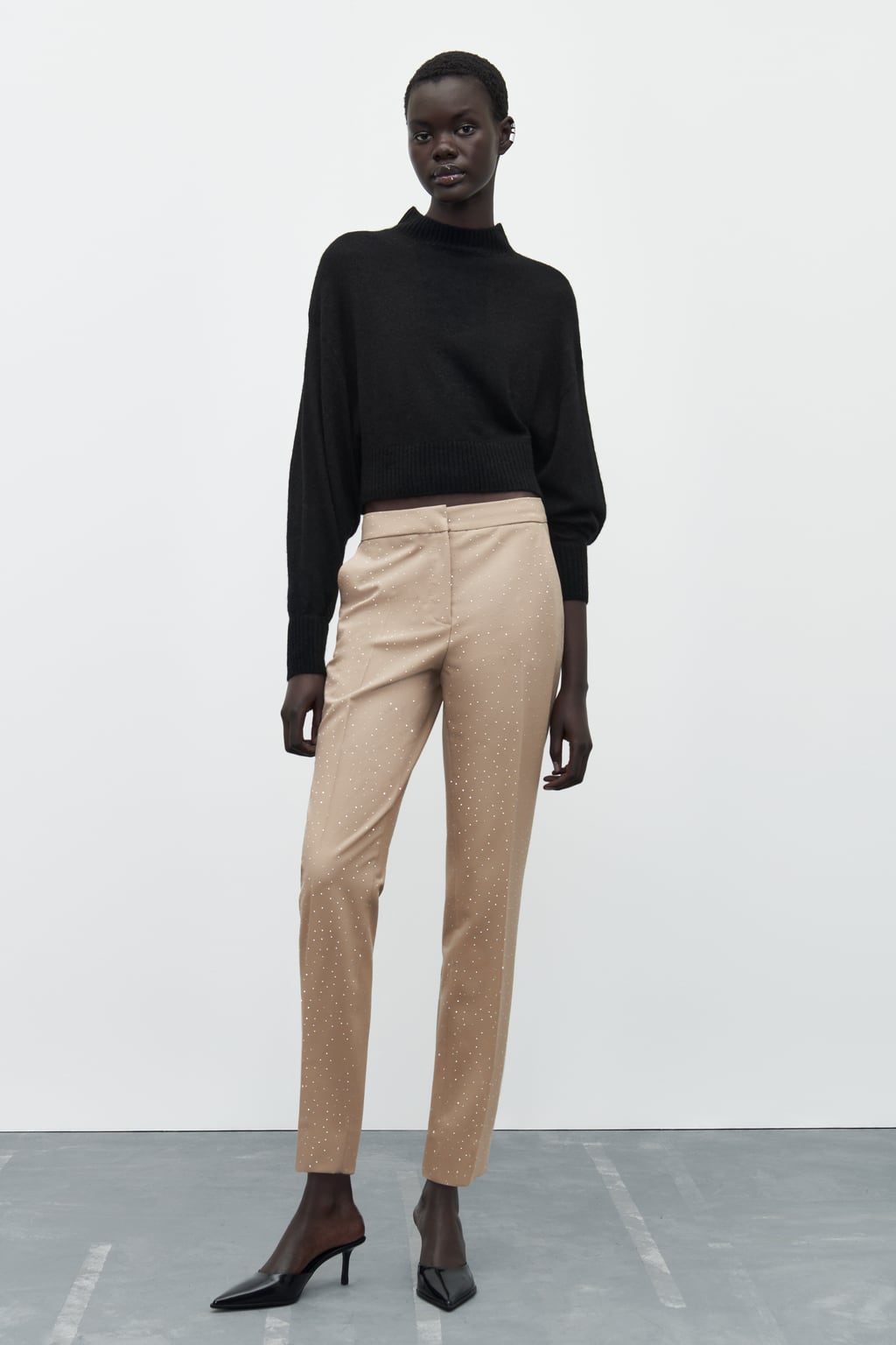 

Укороченные брюки со стразами ZARA, кэмел