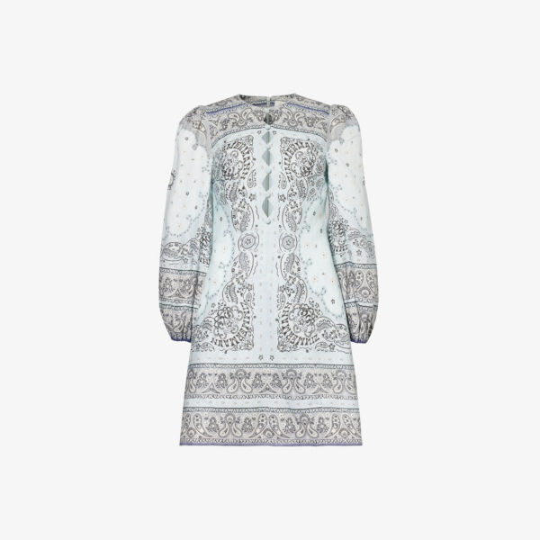 

Льняное платье мини с узором пейсли и круглым вырезом Zimmermann, синий