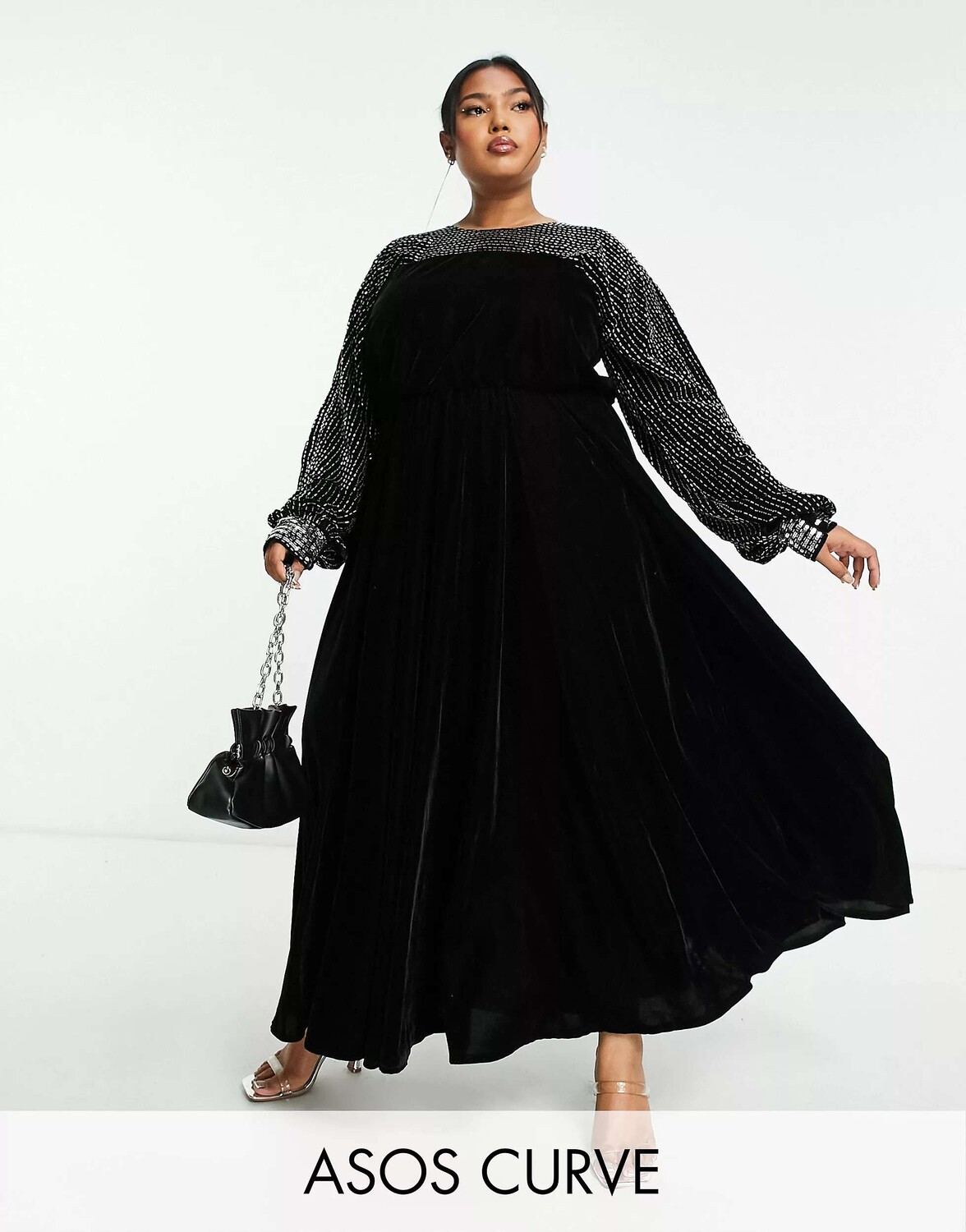 

Черное бархатное платье миди с кокеткой и декоративными деталями ASOS DESIGN Curve, Черный