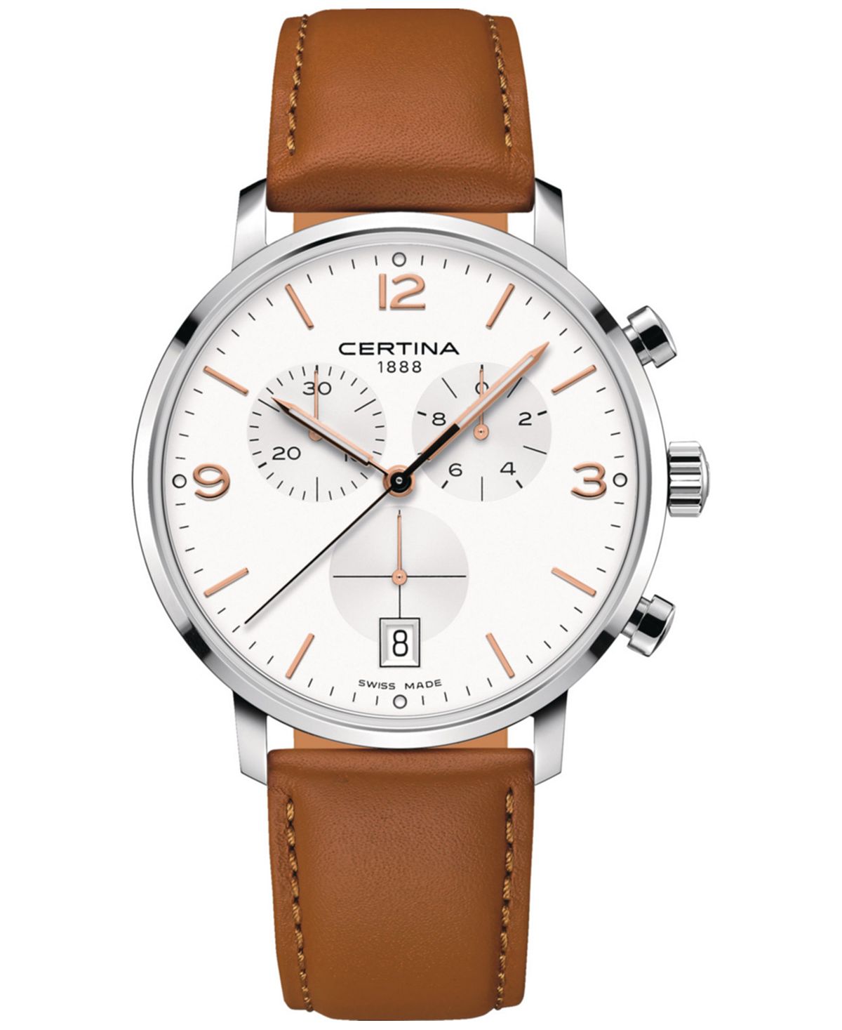 Мужские швейцарские часы с хронографом DS Caimano на коричневом кожаном ремешке, 42 мм Certina