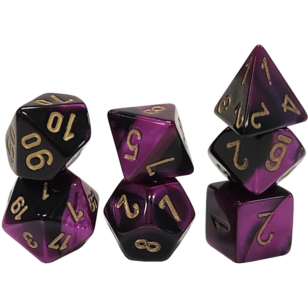 

Аксессуары Chessex Chessex Mini Dice Set: Gemini - Black-Purple w/ Gold (7)