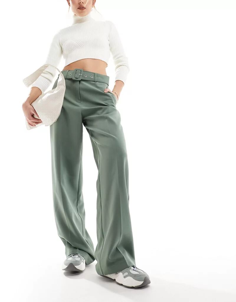 Vila – Элегантные брюки зеленого цвета с завышенной талией и поясом