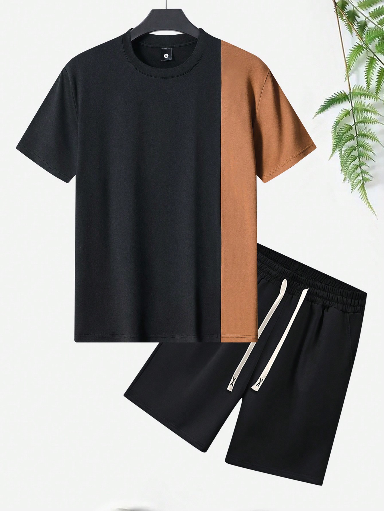 Мужской летний комплект из футболки и шорт с короткими рукавами с цветными блоками, кофейный коричневый