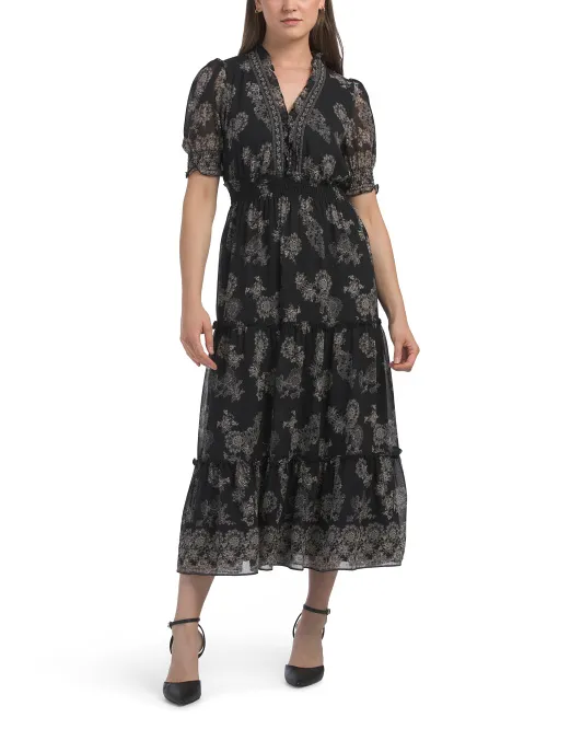 

Многоярусное платье макси с короткими рукавами и V-образным вырезом Max Studio, черный/слоновая кость