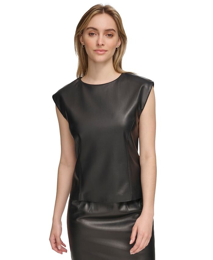 

Женский топ из искусственной кожи с короткими рукавами Calvin Klein, цвет Black