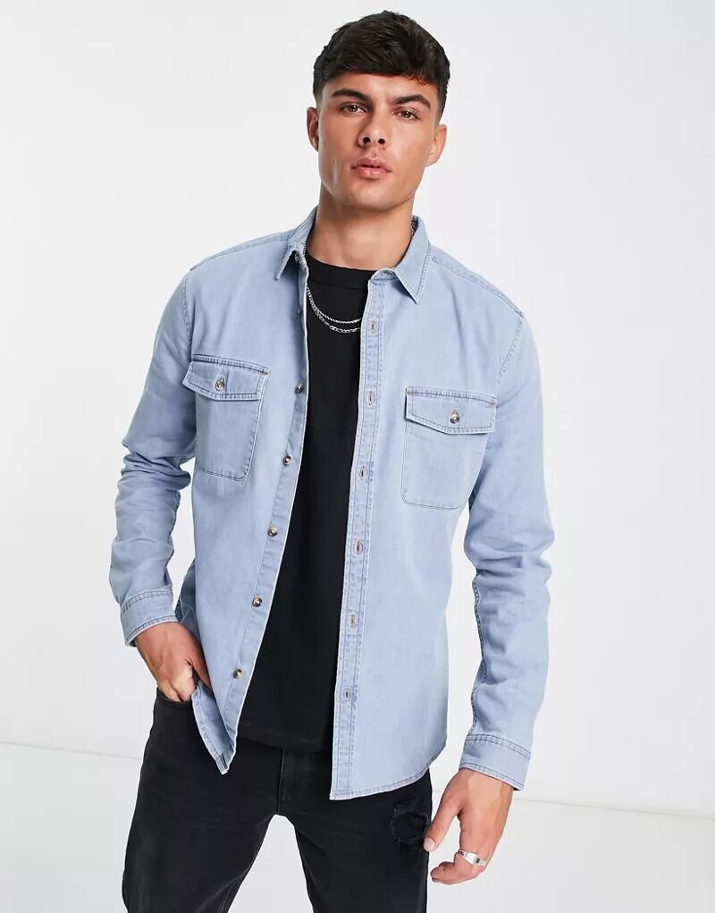 

Голубая джинсовая рубашка узкого кроя ASOS