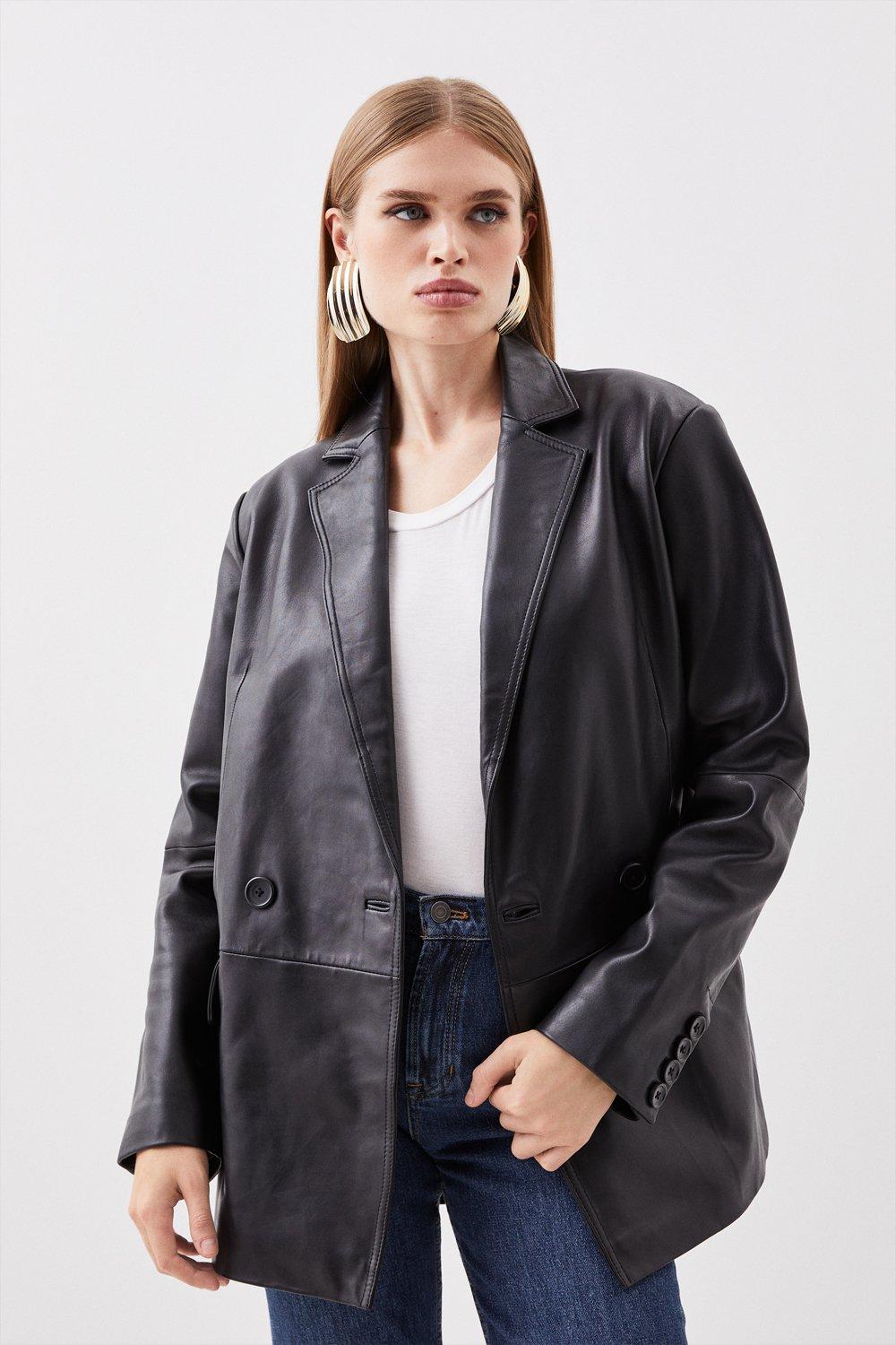 Кожаный двубортный пиджак Karen Millen, черный кожаный однобортный пиджак с запахом сзади karen millen нейтральный