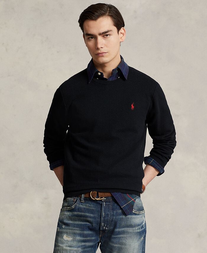 

Мужской фактурный хлопковый свитер с круглым вырезом Polo Ralph Lauren, черный