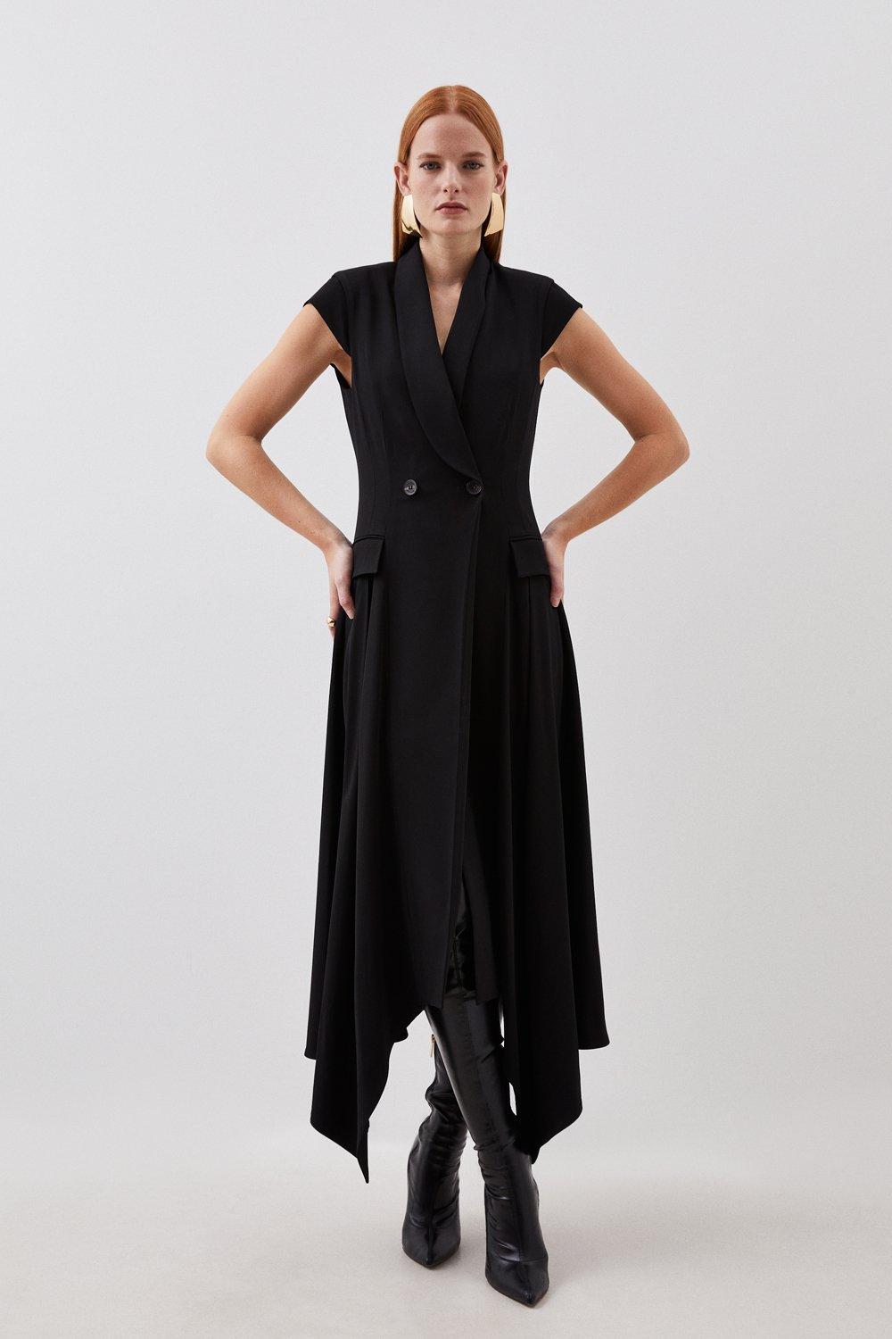 Индивидуальное платье-смокинг миди с воротником из полированной вискозы Karen Millen, черный платье миди из полированной вискозы с драпировкой на талии и бандо karen millen белый
