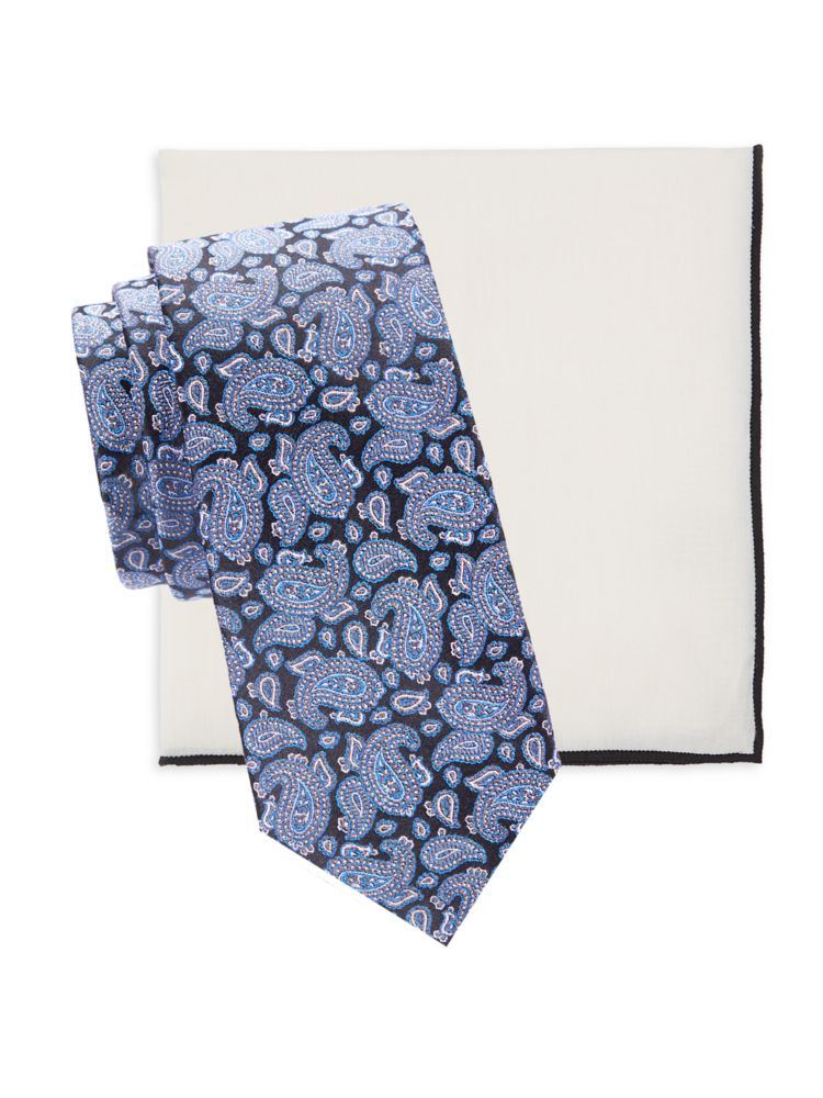 Комплект из двух шелковых галстуков и нагрудного платка Hickey Freeman, синий