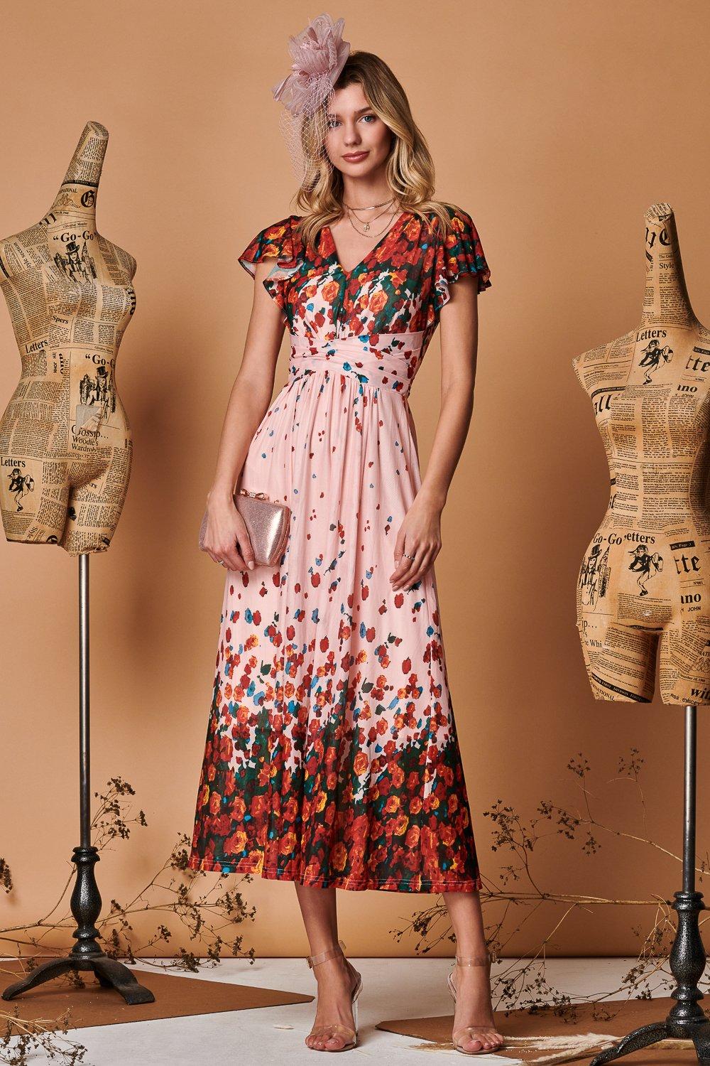 Платье макси из сетки с симметричным цветочным принтом Jolie Moi, розовый женское шифоновое платье с коротким рукавом элегантное милое праздничное платье макси с цветочным принтом и v образным вырезом летнее мод